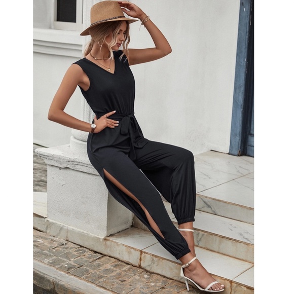 Backless Lace Detail Black Jumpsuit Tie Belted Sleeveless Long - Picture 5 of 7